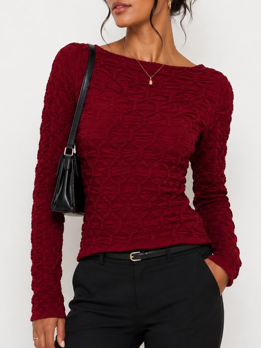 Cherry Mellow Burgundy Textured Stretch Long Sleeve Top Y2K Minimalist | Large